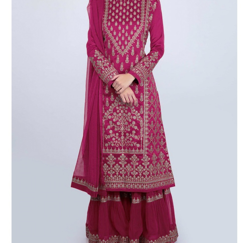 Fuchsia Pink Sharara Suit Set With Embroidery And Butti Size 10